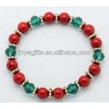 Coral vermelho natural com contas de cristal verde pulseira